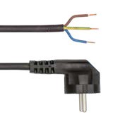 Mains Connection Cable PVC, 3 - 5m, Black, Angled Earthing Contact Plug / Open Cable Ends, 220-240V AC